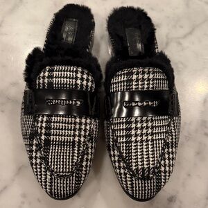 J. Crew Black and White Houndstooth Academy Faux Fur Lined Mules